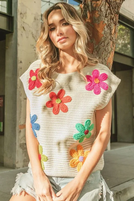 BiBi Crochet Flower Embroidery Knit Top