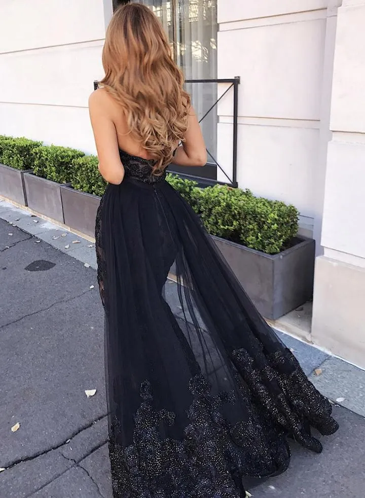 Black Lace Sequins Sweetheart Appliques Long Prom Dresses With Slit Evening Dresses