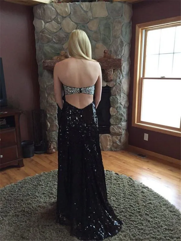 black sequin prom dress, long prom dress, strapless prom dress, sparkle prom dress, evening gown, BD115