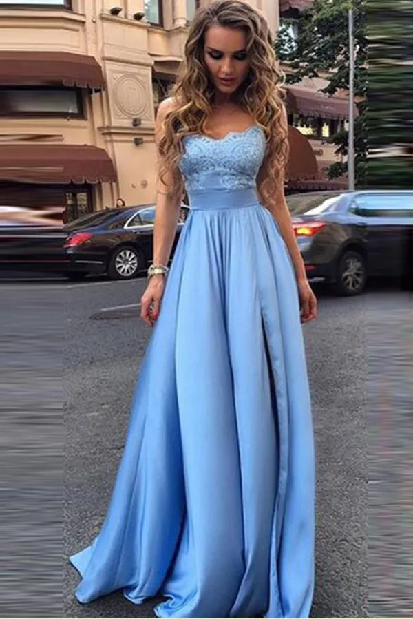 Blue A Line Floor Length Sweetheart Appliques Prom Dresses