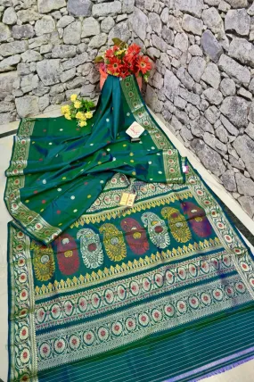 Blue and Green Dual Tone Color Revival Baluchari Silk Saree with Meenakari Pallu