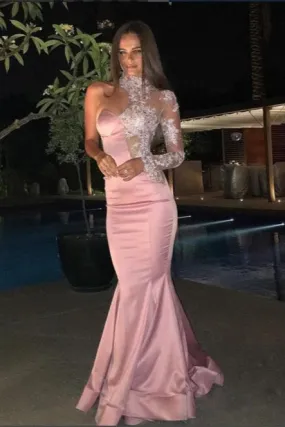 Blush Pink One-Shoulder Prom Gown with Elegant Long Sleeves