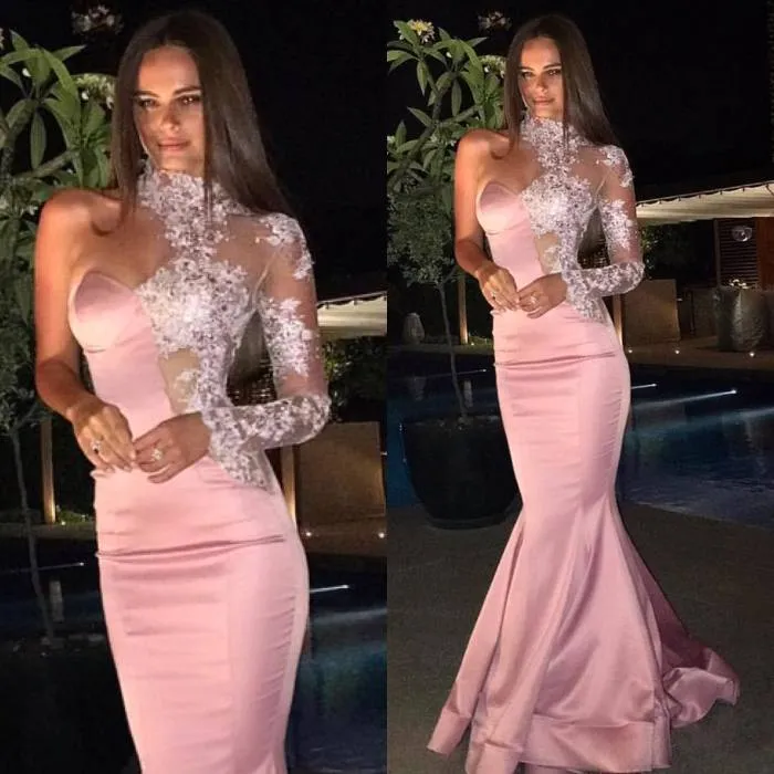 Blush Pink One-Shoulder Prom Gown with Elegant Long Sleeves