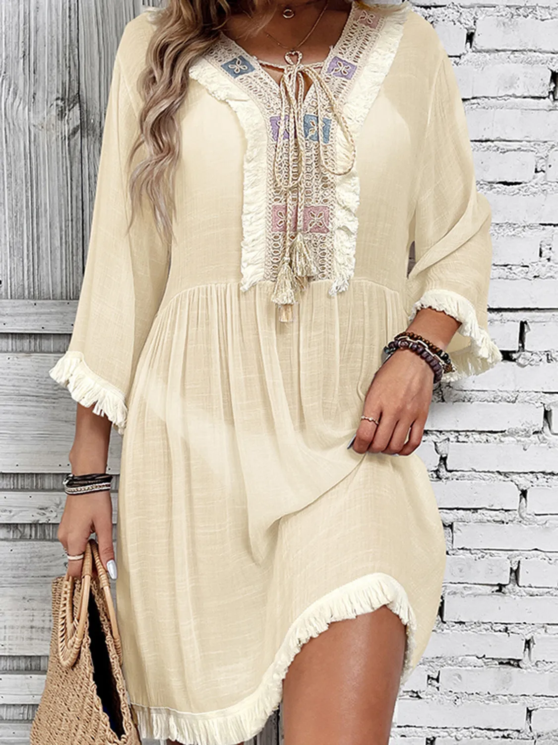 Boho Fringe Tie Neck Three-Quarter Sleeve Cover Up - Beachwear Essential for Summer Styling! Add Flair to Your Look!