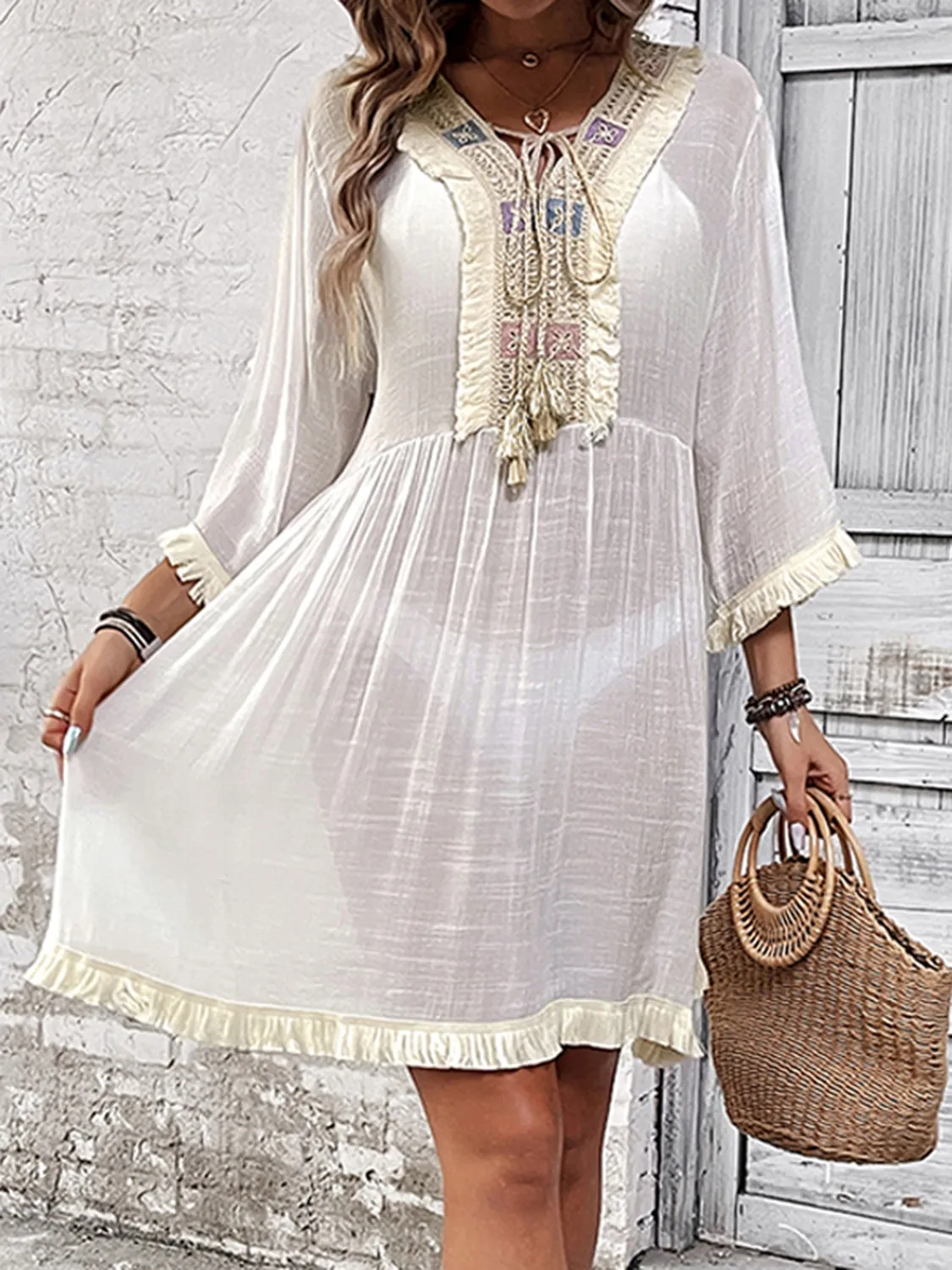 Boho Fringe Tie Neck Three-Quarter Sleeve Cover Up - Beachwear Essential for Summer Styling! Add Flair to Your Look!