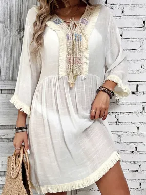 Boho Fringe Tie Neck Three-Quarter Sleeve Cover Up - Beachwear Essential for Summer Styling! Add Flair to Your Look!