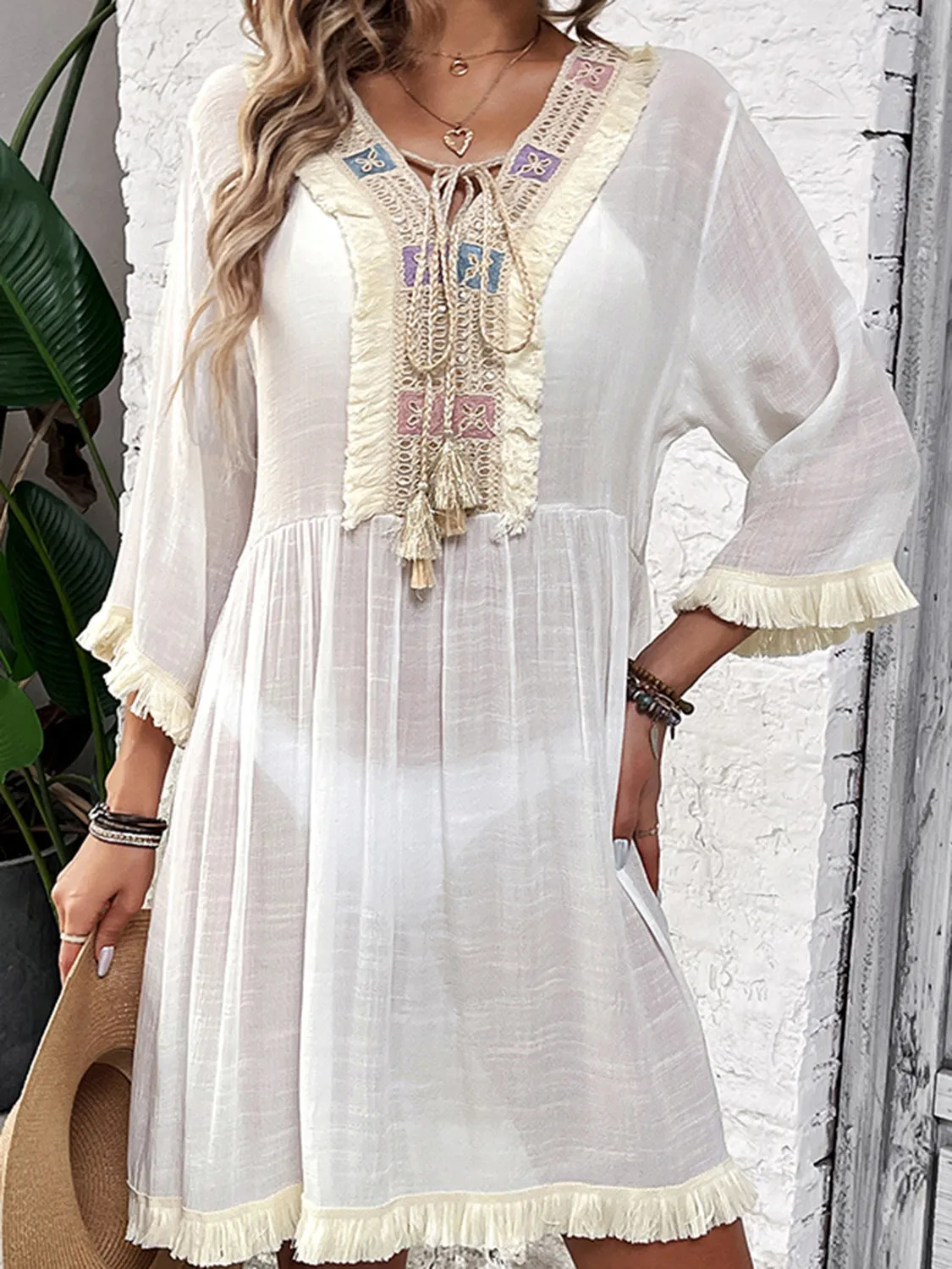 Boho Fringe Tie Neck Three-Quarter Sleeve Cover Up - Beachwear Essential for Summer Styling! Add Flair to Your Look!