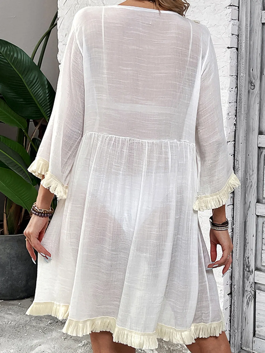 Boho Fringe Tie Neck Three-Quarter Sleeve Cover Up - Beachwear Essential for Summer Styling! Add Flair to Your Look!