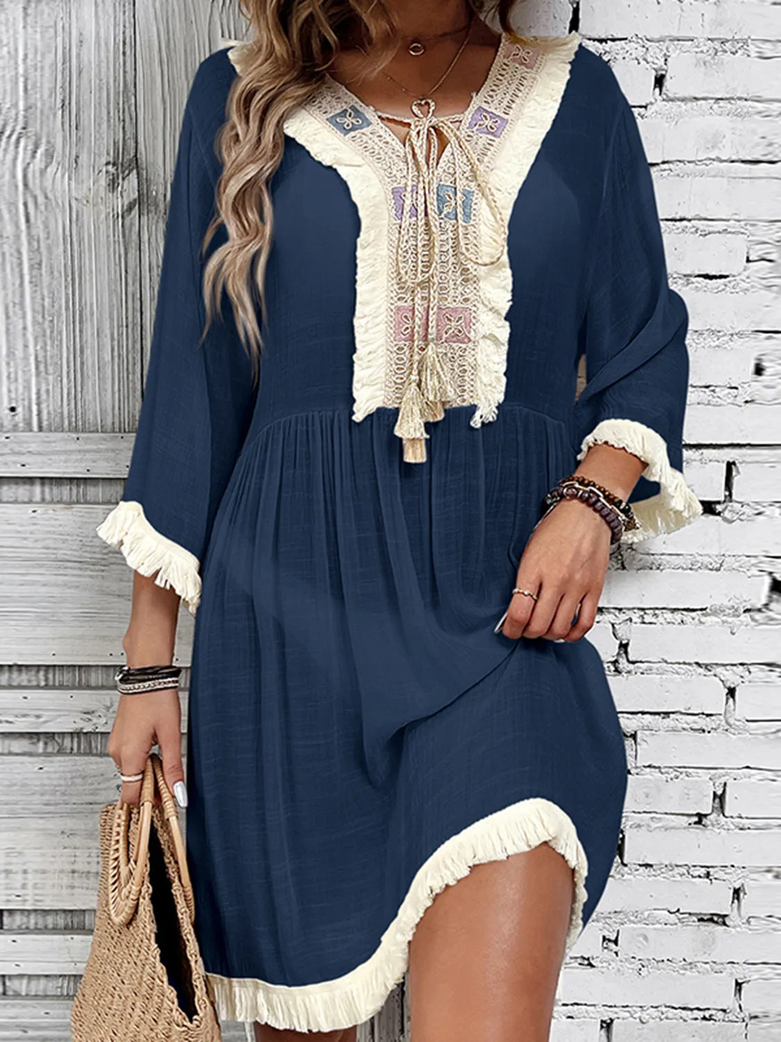 Boho Fringe Tie Neck Three-Quarter Sleeve Cover Up - Beachwear Essential for Summer Styling! Add Flair to Your Look!