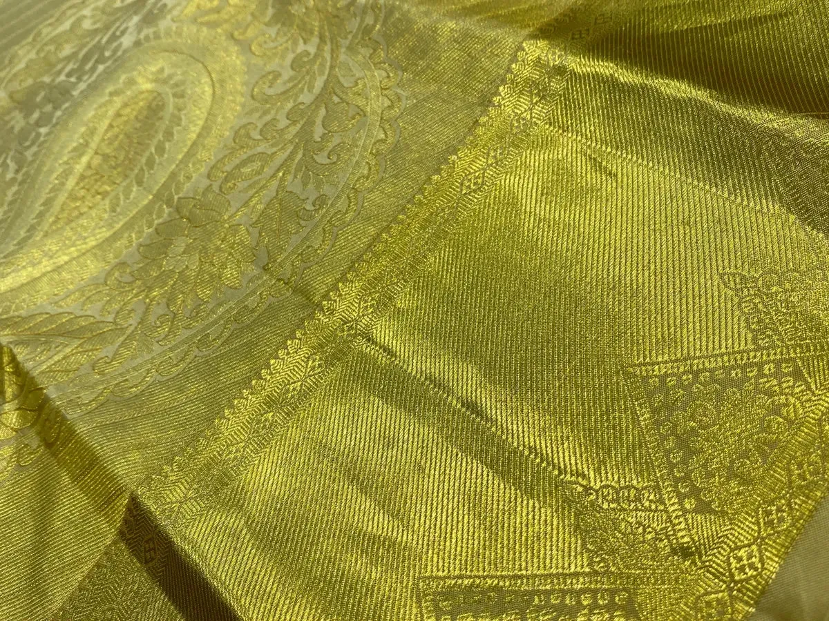 Bridal Golden Pure Kanjeevaram Silk Saree With Zari Brocade All Over - SILKMARK CERTIFIED