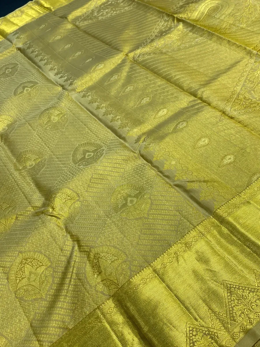 Bridal Golden Pure Kanjeevaram Silk Saree With Zari Brocade All Over - SILKMARK CERTIFIED