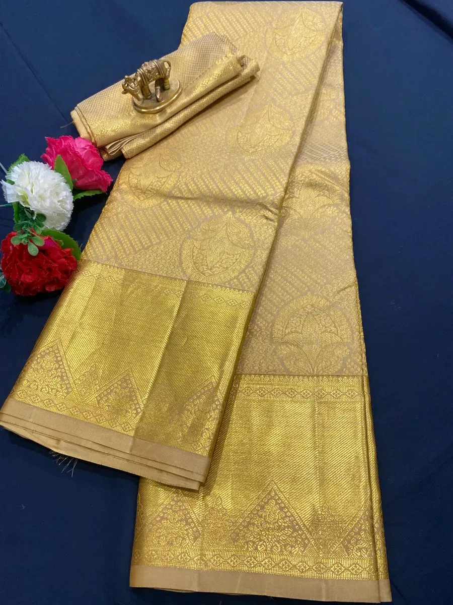 Bridal Golden Pure Kanjeevaram Silk Saree With Zari Brocade All Over - SILKMARK CERTIFIED