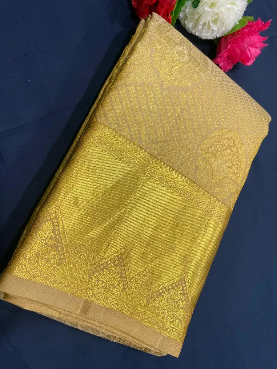 Bridal Golden Pure Kanjeevaram Silk Saree With Zari Brocade All Over - SILKMARK CERTIFIED