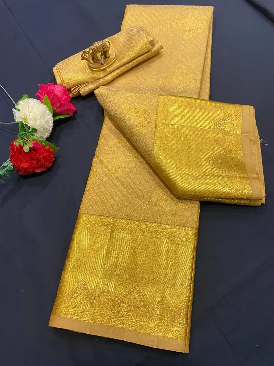 Bridal Golden Pure Kanjeevaram Silk Saree With Zari Brocade All Over - SILKMARK CERTIFIED