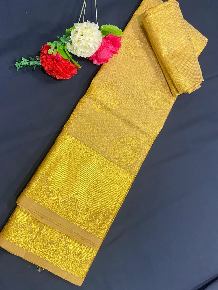 Bridal Golden Pure Kanjeevaram Silk Saree With Zari Brocade All Over - SILKMARK CERTIFIED