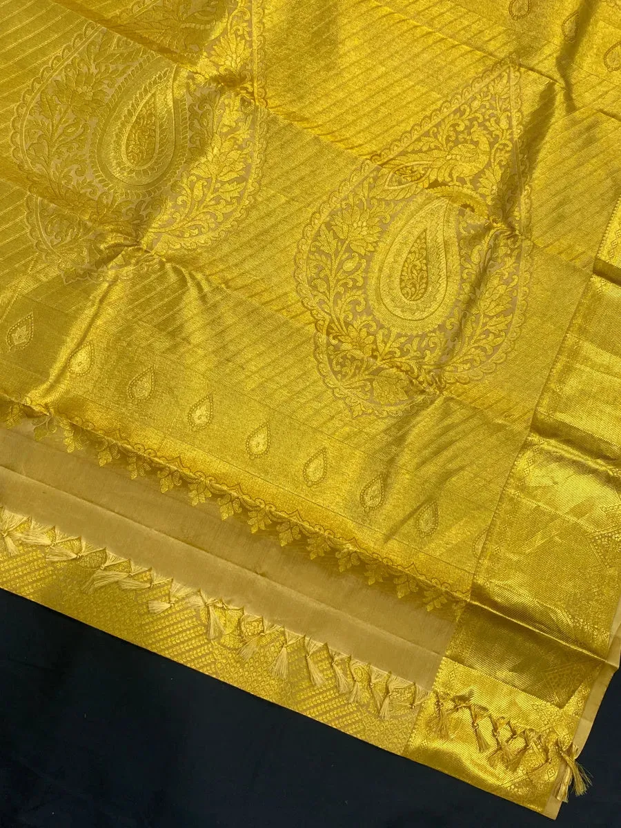 Bridal Golden Pure Kanjeevaram Silk Saree With Zari Brocade All Over - SILKMARK CERTIFIED