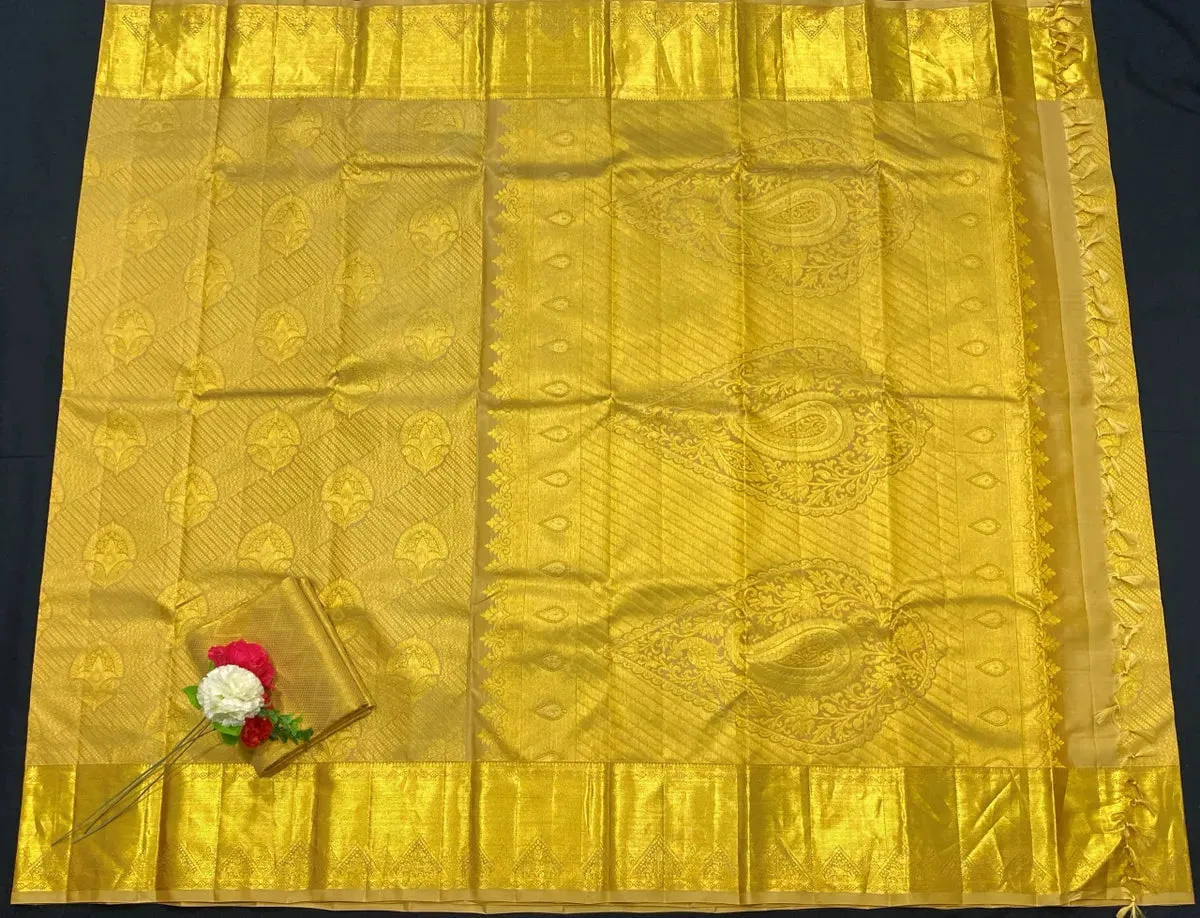 Bridal Golden Pure Kanjeevaram Silk Saree With Zari Brocade All Over - SILKMARK CERTIFIED