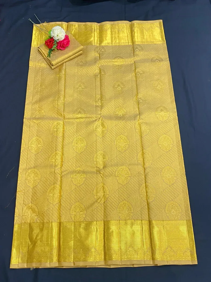 Bridal Golden Pure Kanjeevaram Silk Saree With Zari Brocade All Over - SILKMARK CERTIFIED