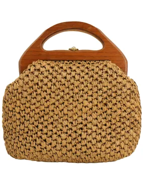 Brown Raffia Wooden Handle Vintage Grab Bag