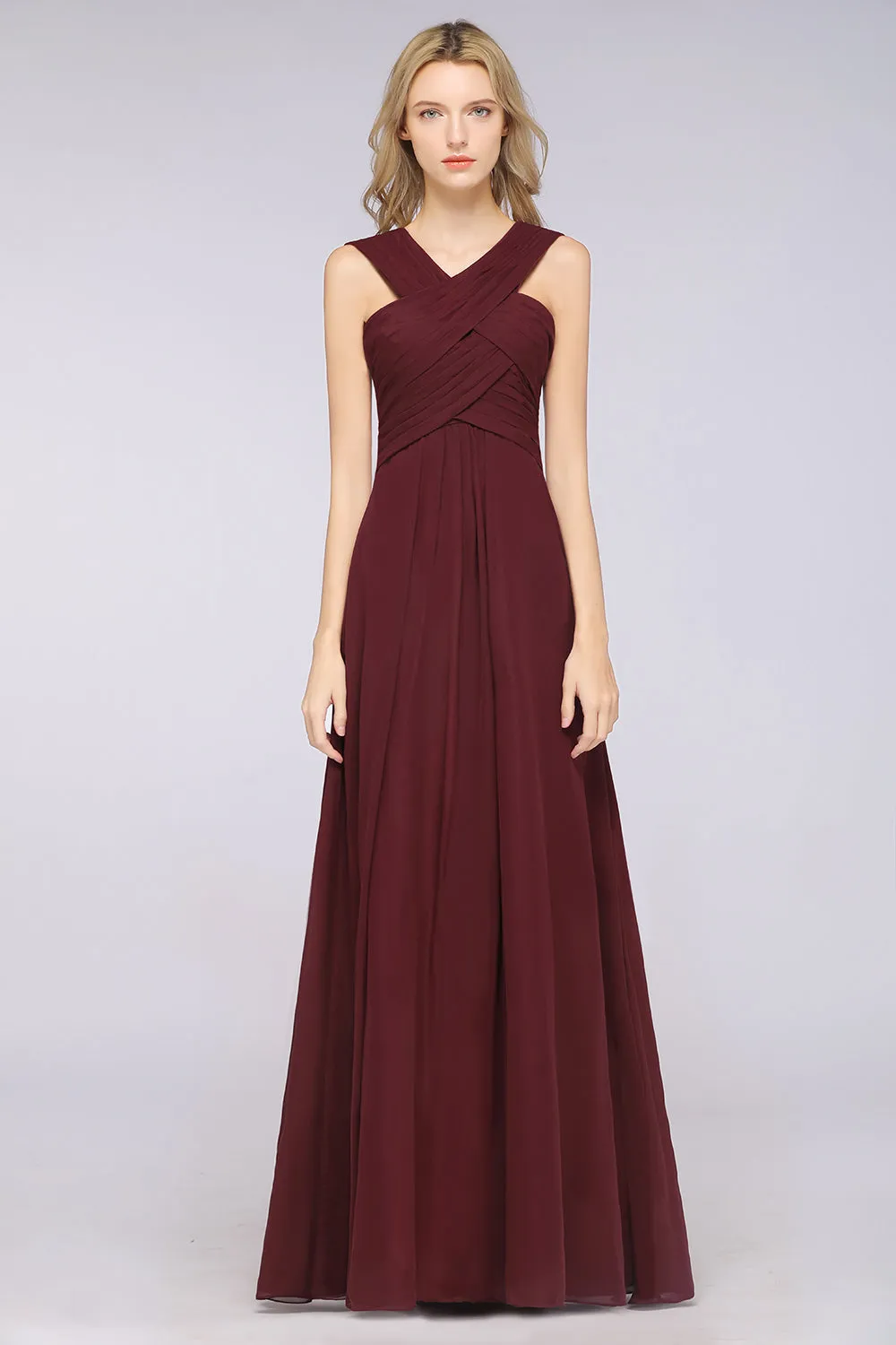 Burgundy A-Line Chiffon V-Neck Straps Long Bridesmaid Dress with Ruffles