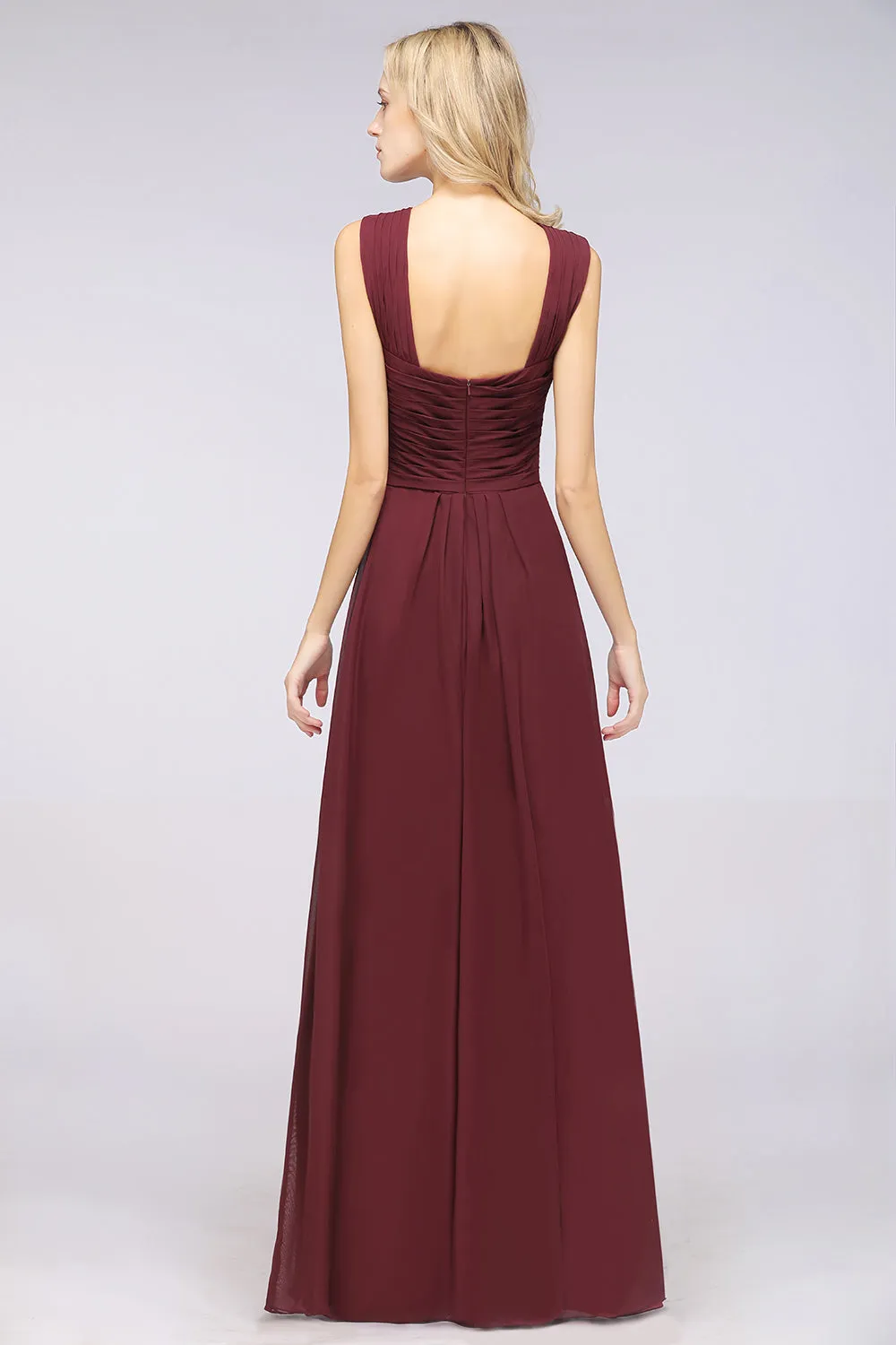 Burgundy A-Line Chiffon V-Neck Straps Long Bridesmaid Dress with Ruffles