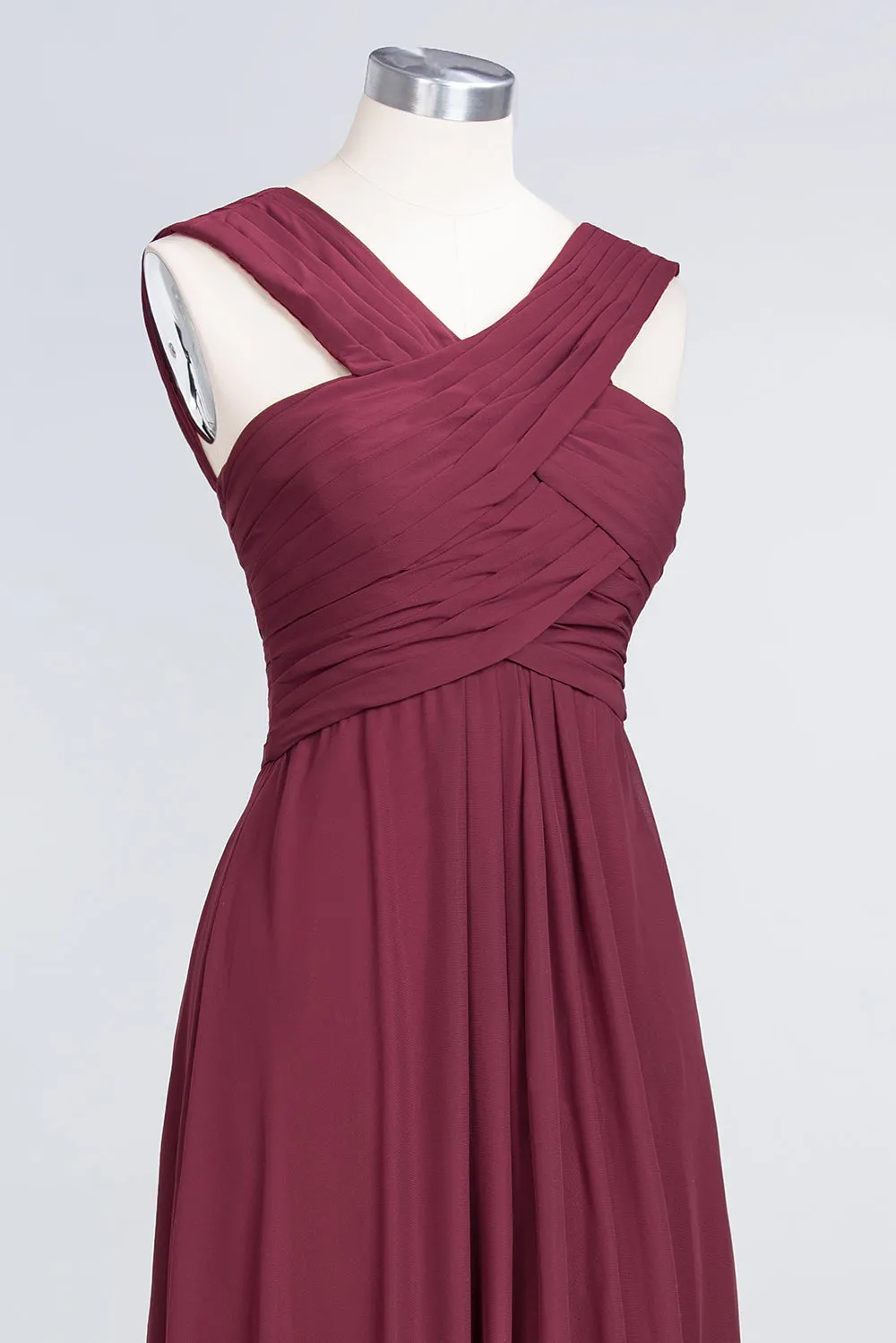 Burgundy A-Line Chiffon V-Neck Straps Long Bridesmaid Dress with Ruffles