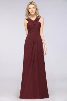 Burgundy A-Line Chiffon V-Neck Straps Long Bridesmaid Dress with Ruffles