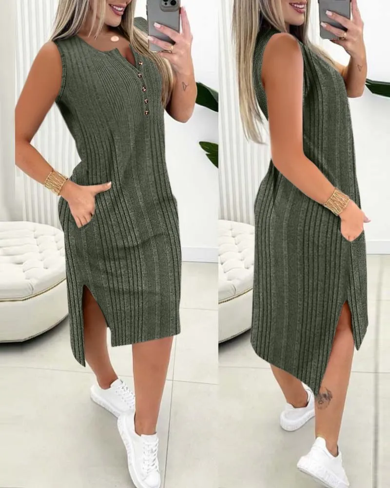 Buttoned Pocket Design Ribbed Casual Dress