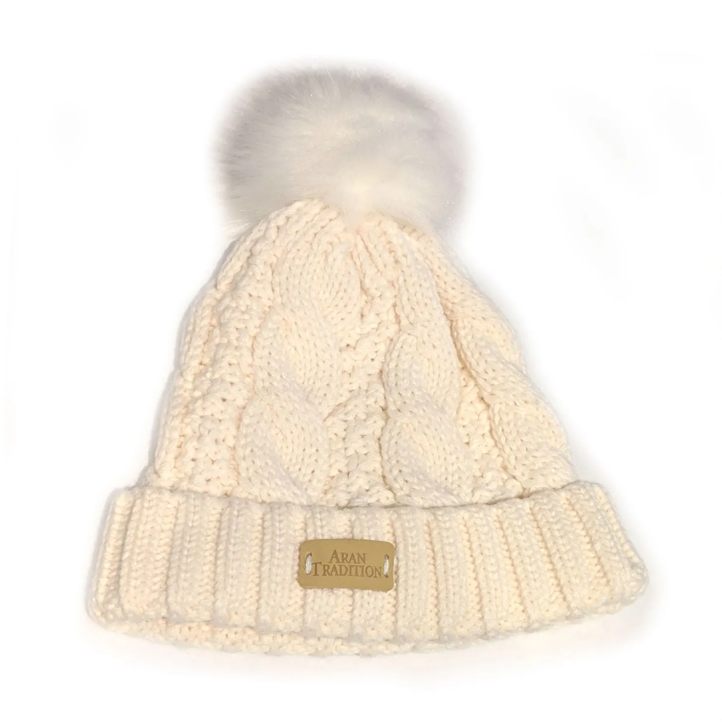 Cable Beanie with Faux Fur Pom Pom