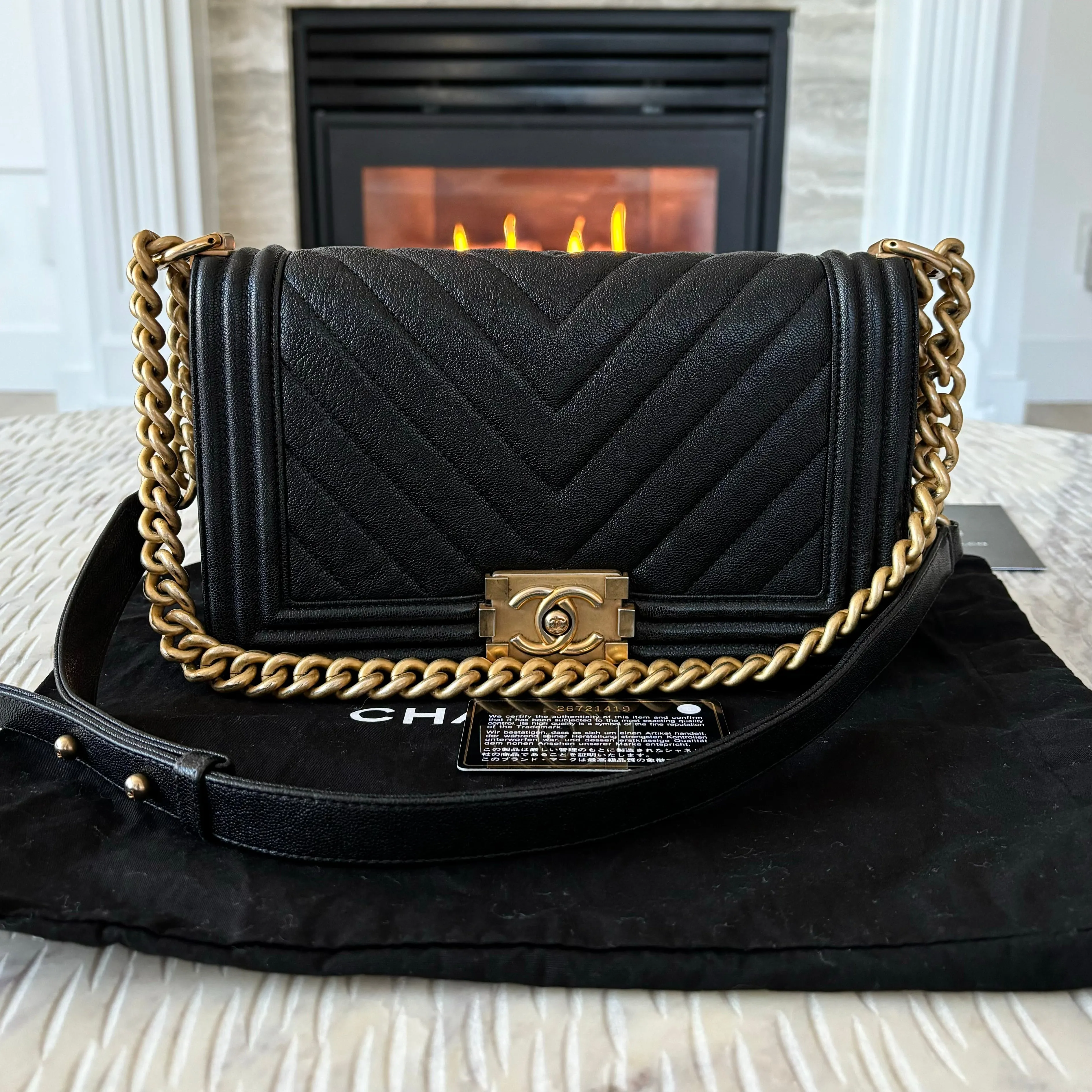 Chanel Boy Flap Bag Chevron Caviar Old Medium