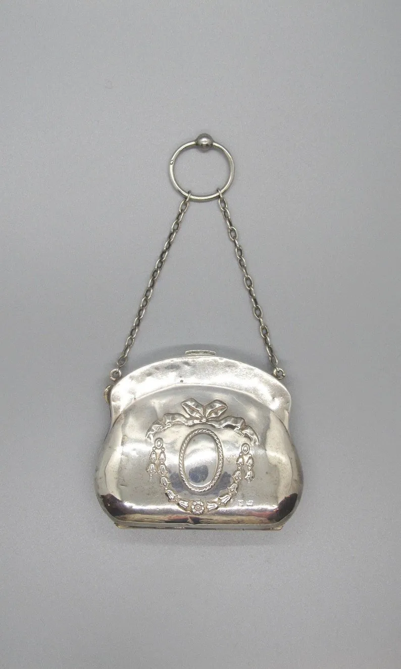 CHATELAINE PURSE Antique 1800s English Sterling Silver Bag, Lion (British), Anchor (Birmingham) h Hallmarks