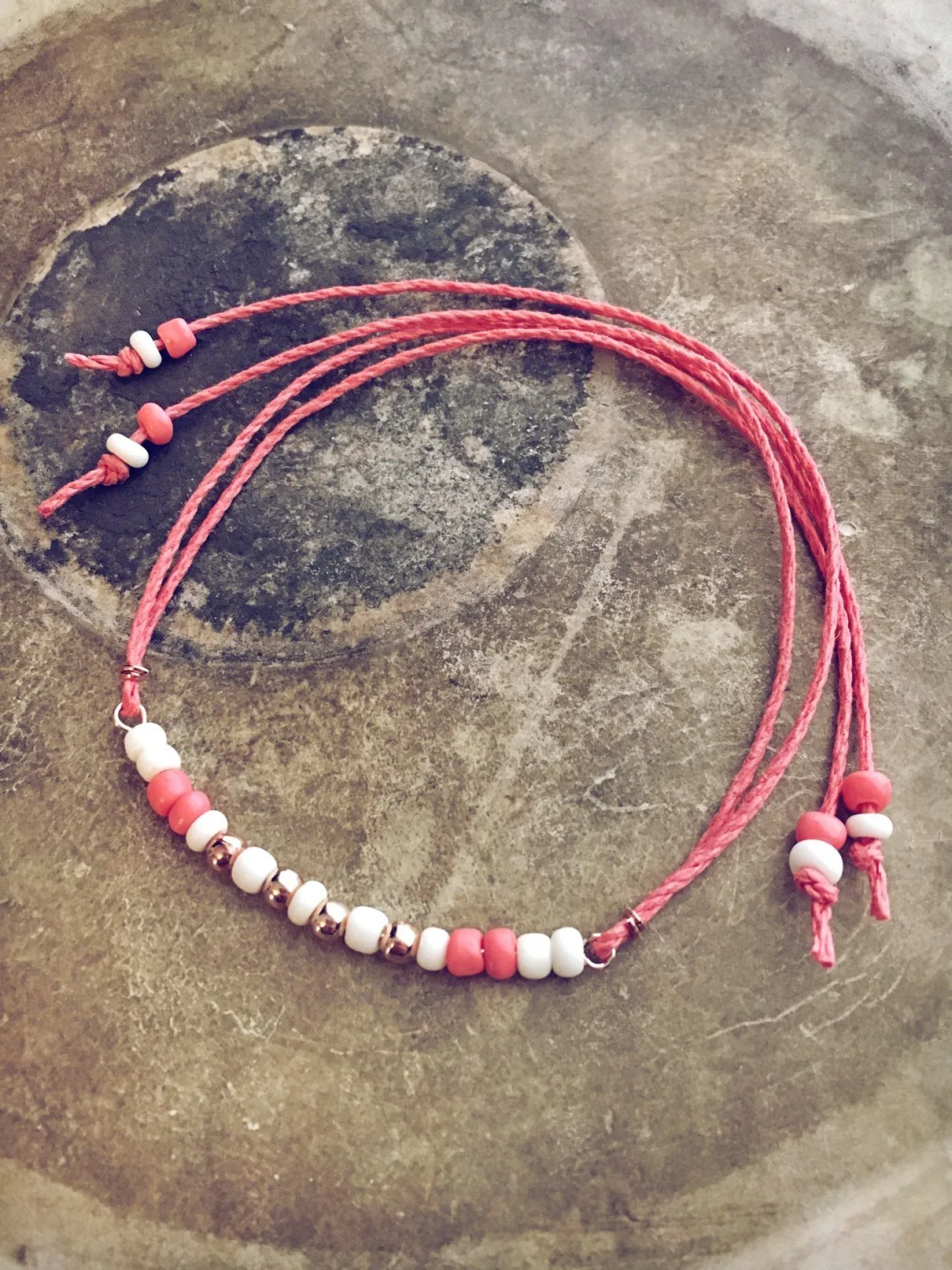 coral // coral off white and rose gold beaded bar hemp tie wrap bracelet