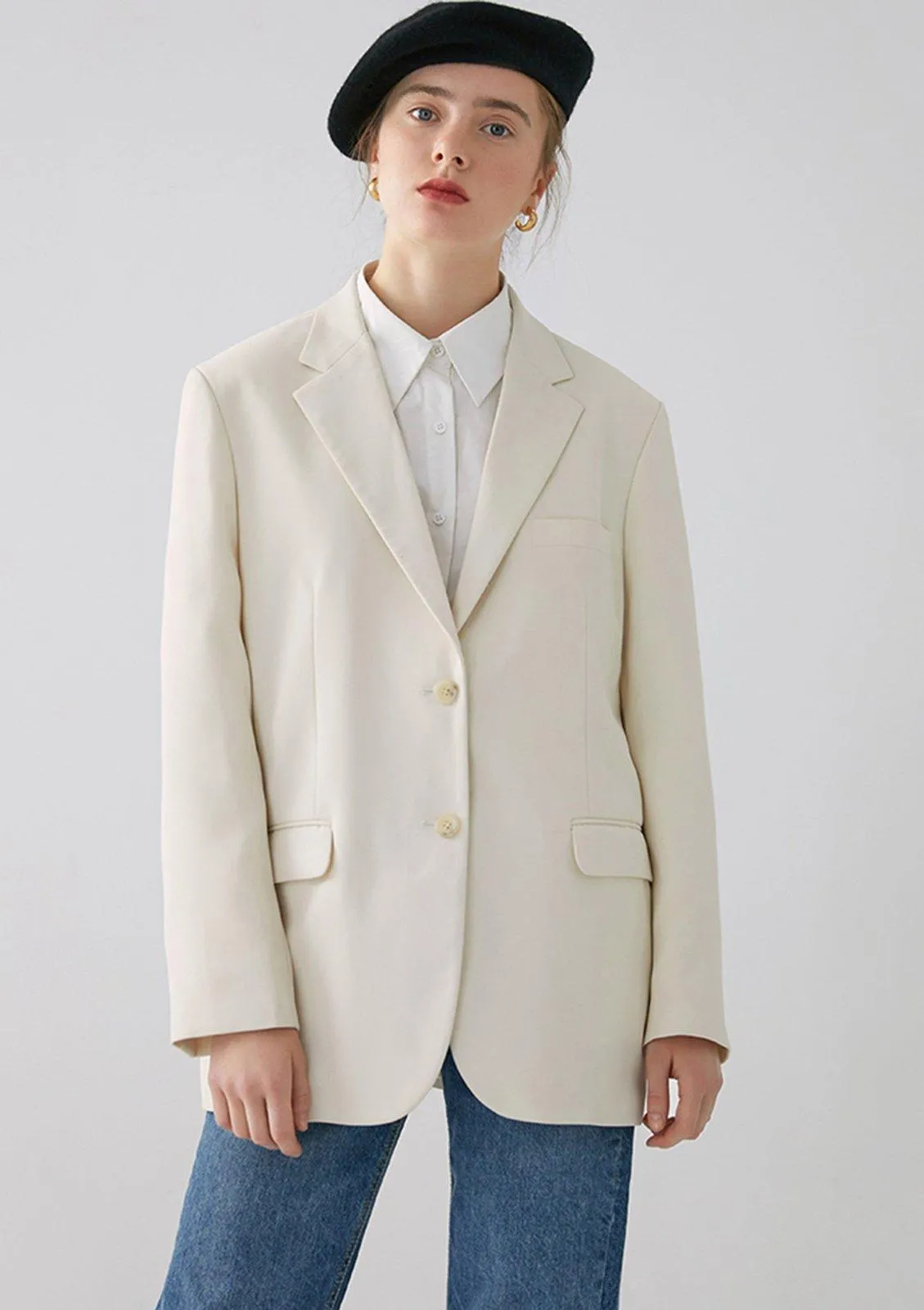 Creamy Single Breasted Blazer Jacket for Women Spring Coat