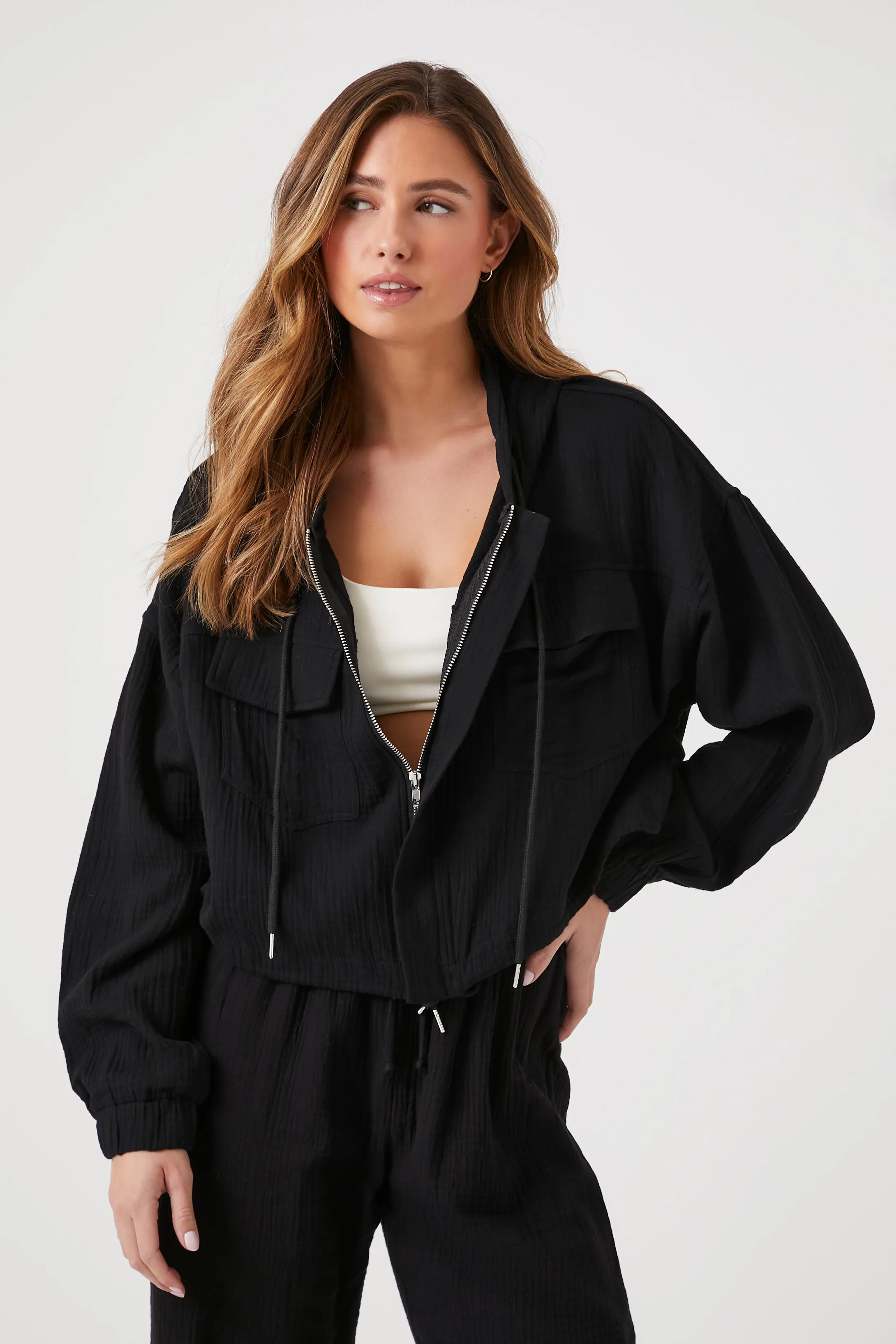 Crinkled Zip-Up Cropped Hoodie