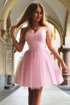 Cute A Line Sweetheart Strapless Tulle Pink Short Prom Dresses Homecoming Dresses