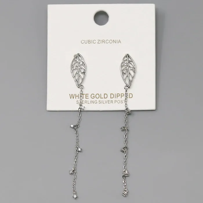 CZ Embellished Leaf Chain Drop Earrings