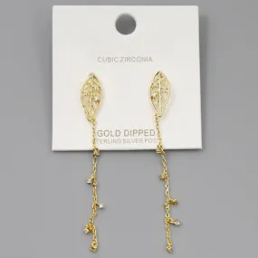 CZ Embellished Leaf Chain Drop Earrings