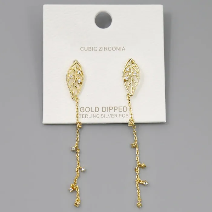 CZ Embellished Leaf Chain Drop Earrings