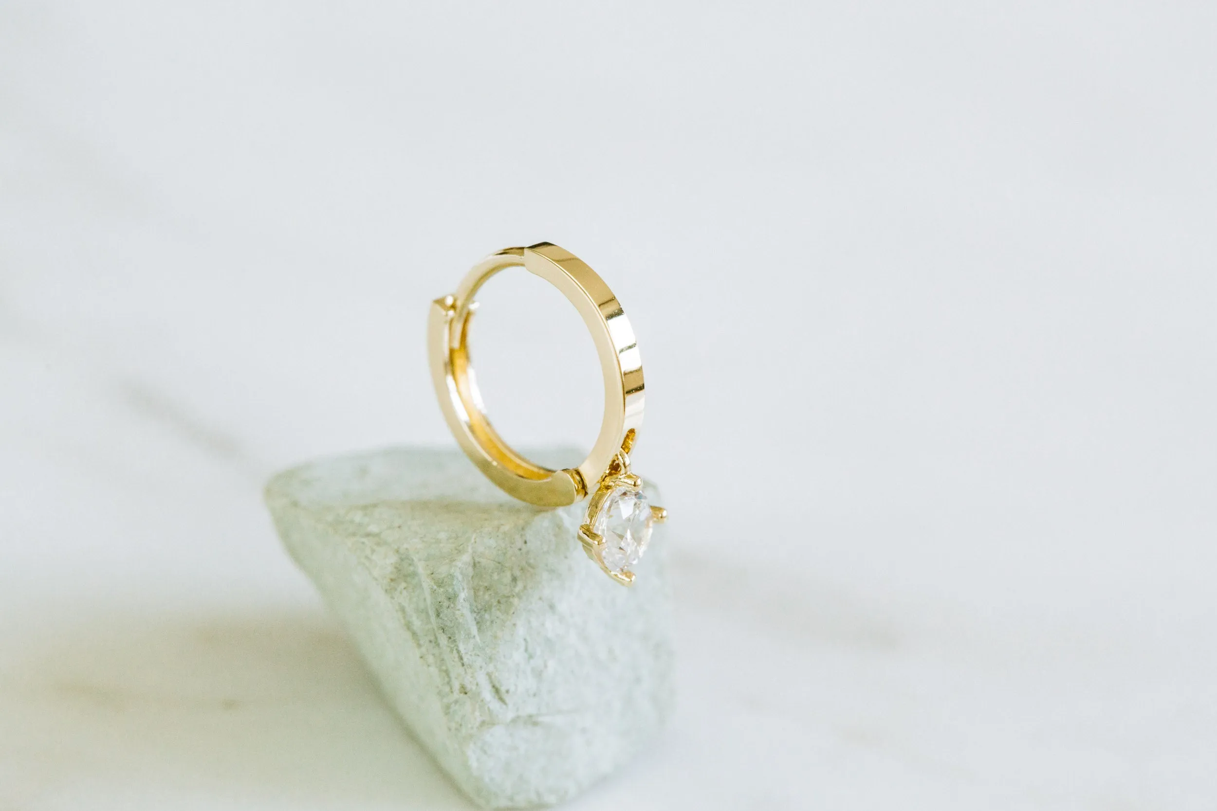 Cz Solitair Hoop Ring Piercing Earring 14K Solid Gold Jewelry