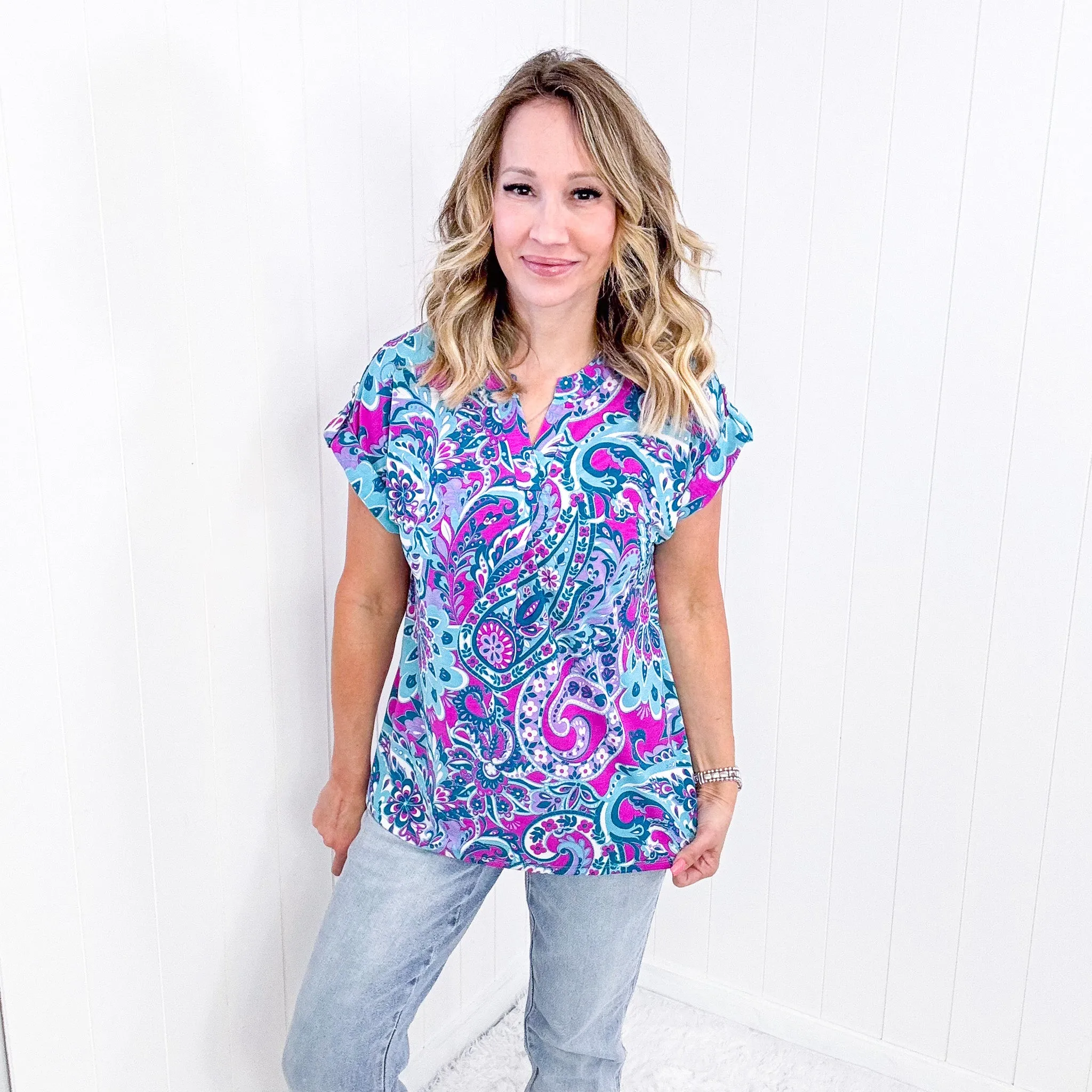 Dear Scarlett Lizzy Cap Sleeve Top in Magenta and Teal Paisley