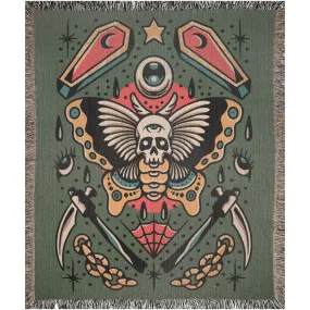 Death Moth Traditional Tattoo Style Woven Fringe Blanket / / Wall tapestry or throw for sofa, maximalist decor,  tattoo home decor (Copy) (Copy)