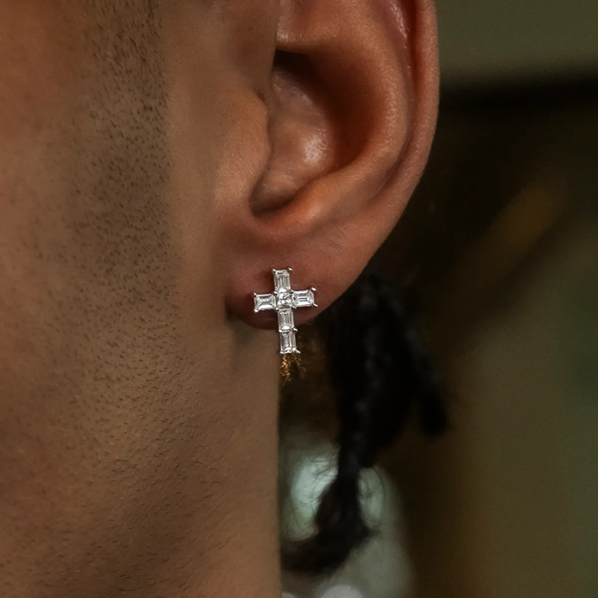 Diamond Baguette Cross Stud Earrings in White Gold