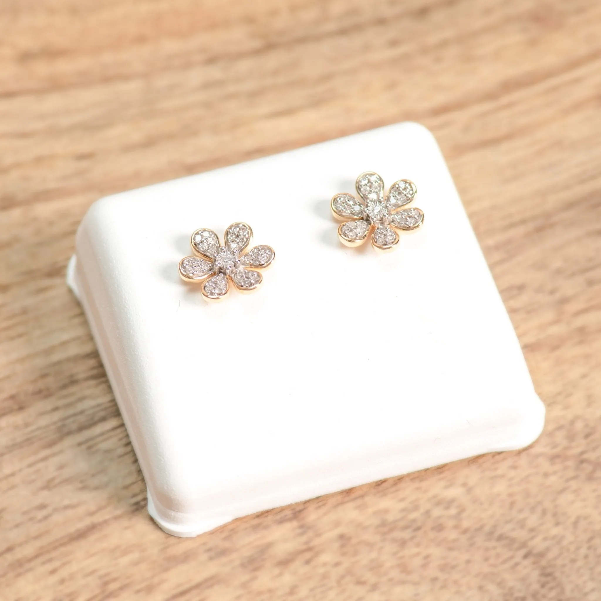 Diamond Flower Earrings with Gold Bezel