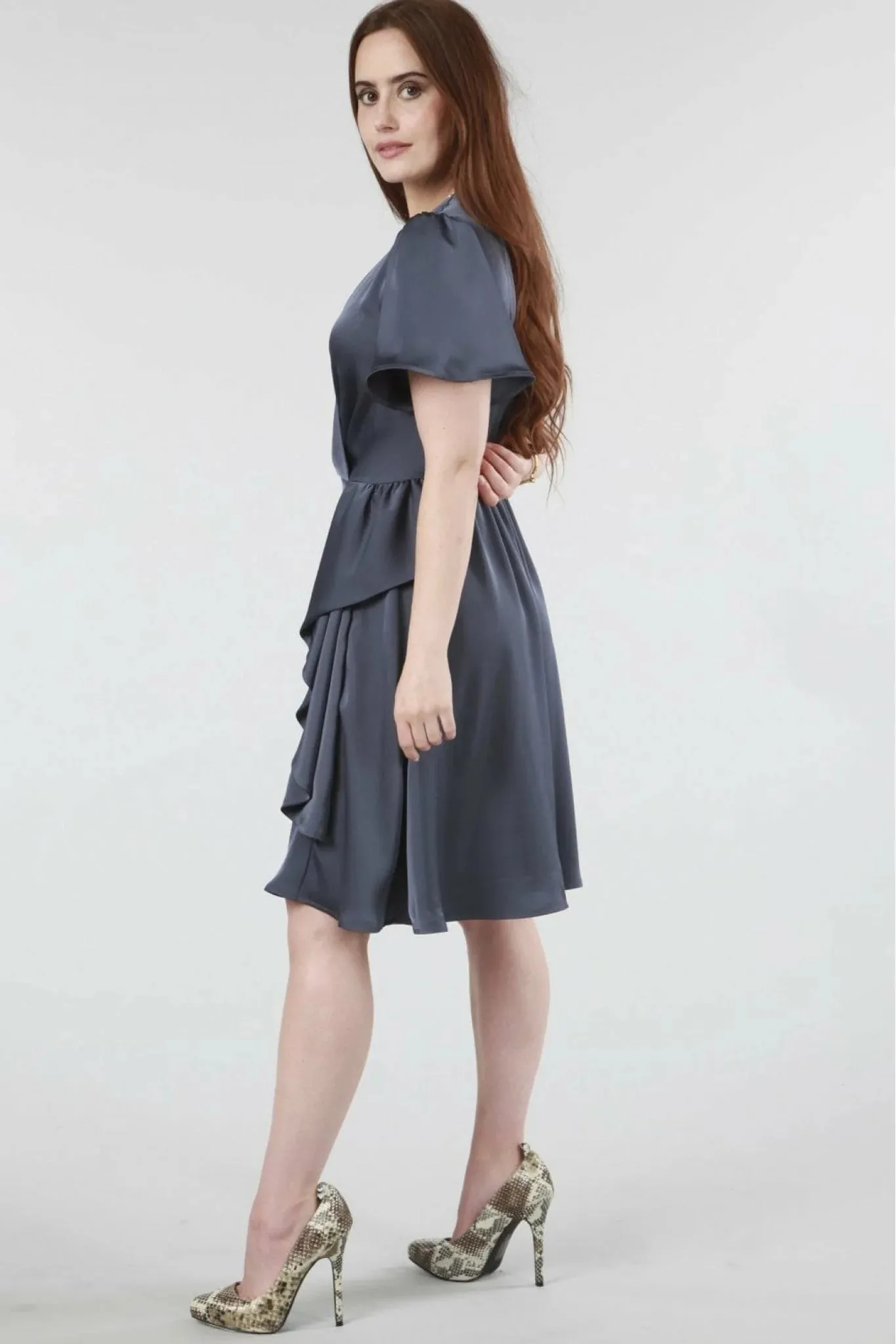 Double Second Dark Grey Wrap Frill Front Satin Dress