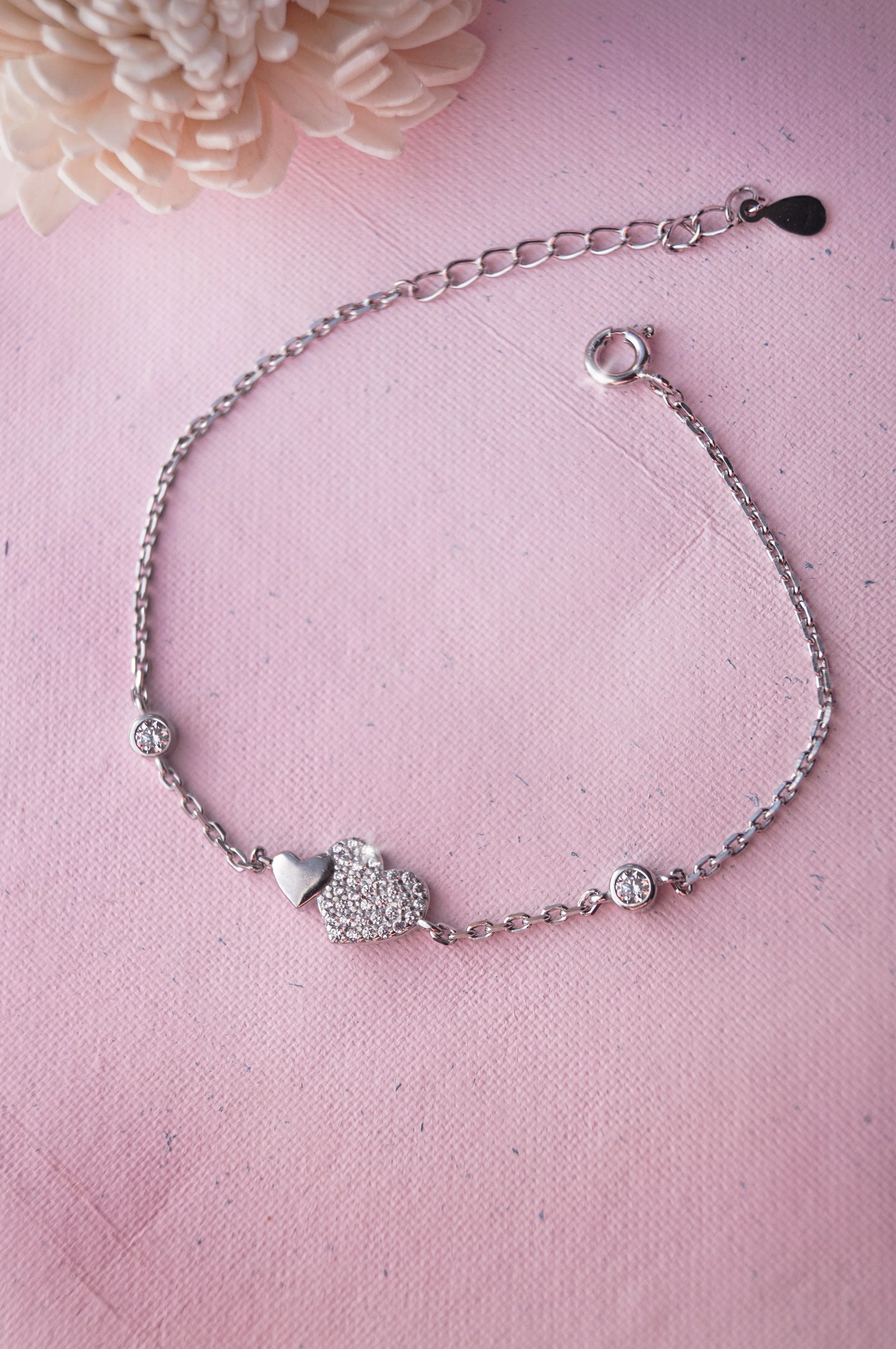 Dual Heart Solitaire Sterling Silver Delicate Chain Bracelet