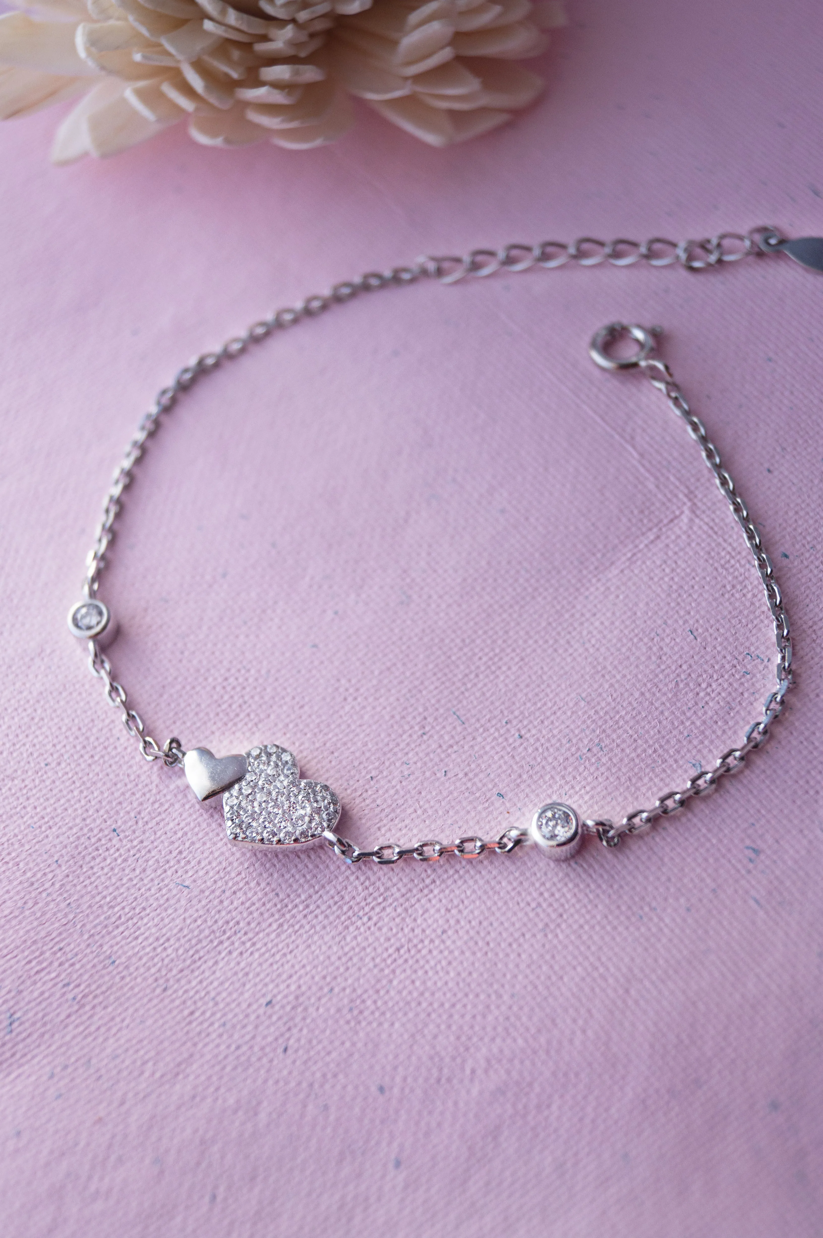 Dual Heart Solitaire Sterling Silver Delicate Chain Bracelet