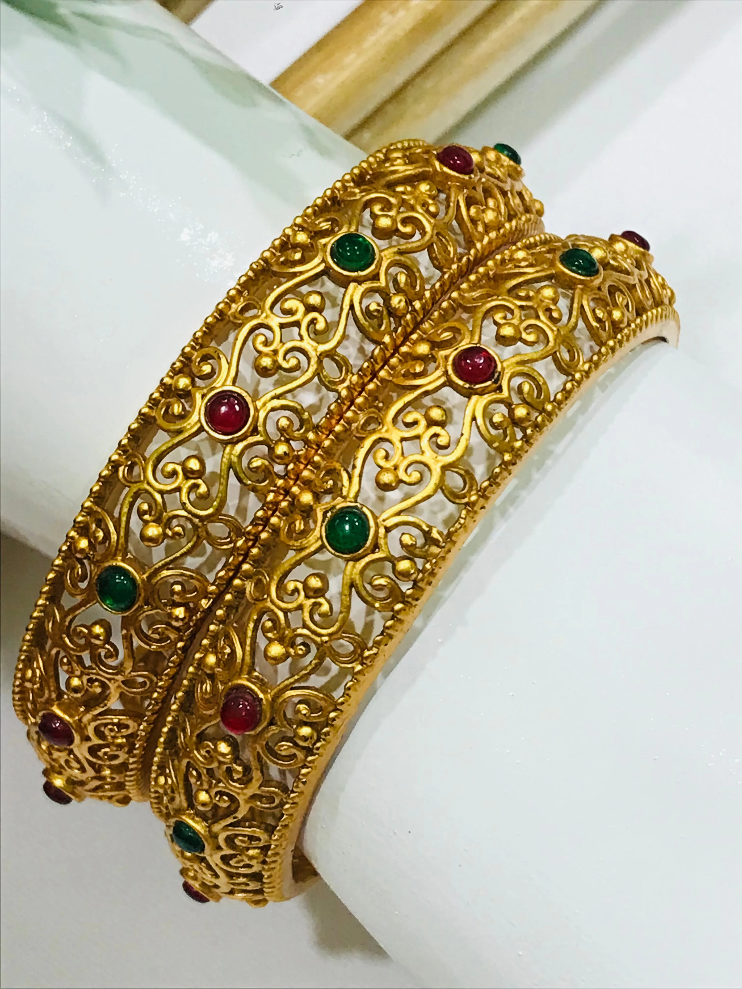 Elegant Floral Matte Finished Antique Gold Bangle Set With Multicolor Stones