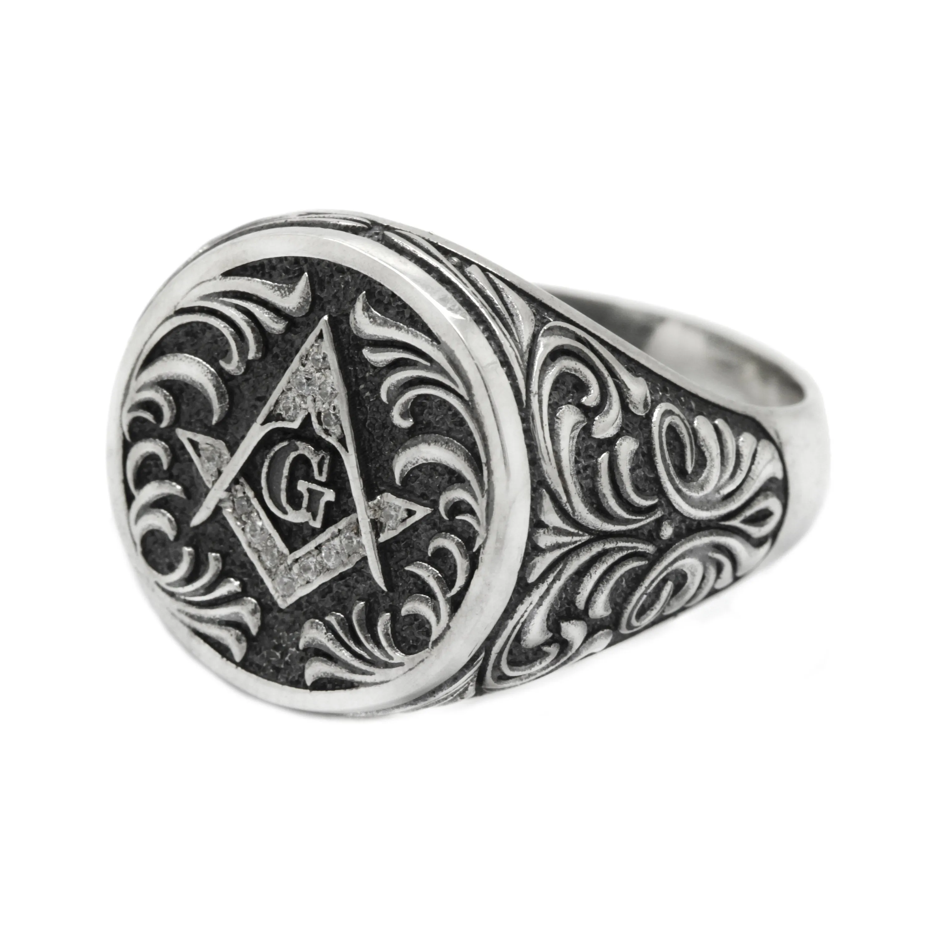 Elegant Masonic Ring, Square and Compass, Mens Sterling Silver Signet