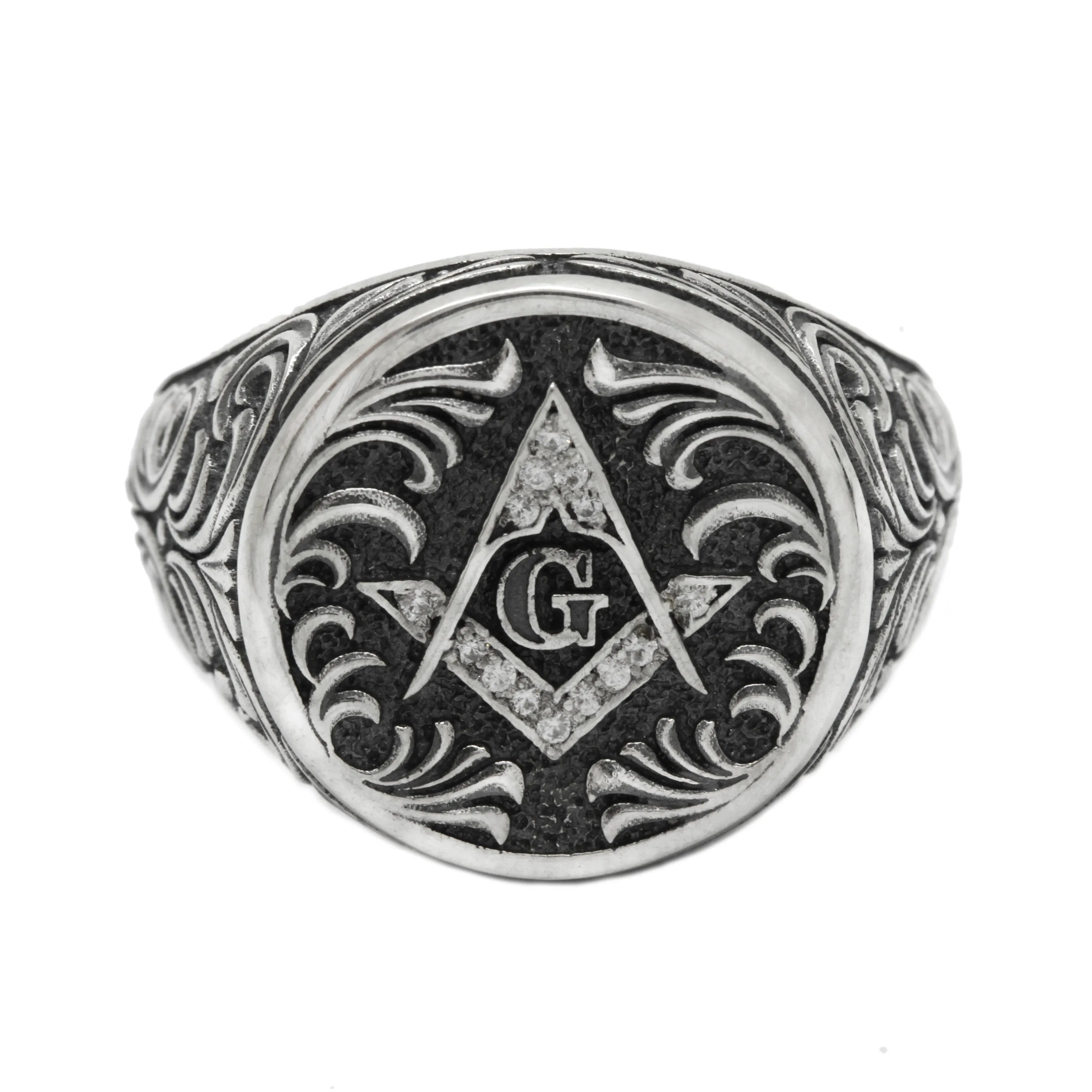 Elegant Masonic Ring, Square and Compass, Mens Sterling Silver Signet