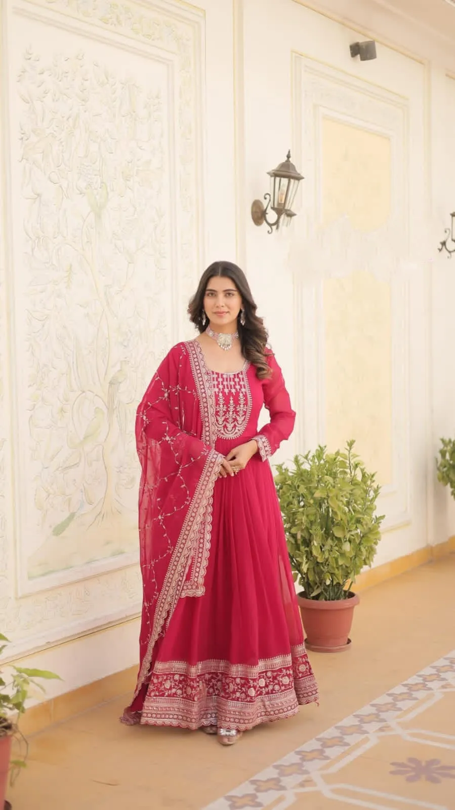 Embroidery Sequence Wedding wear Pink Women's Gown Dupatta Suit